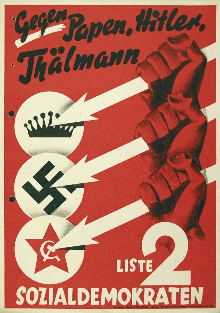 Affiche du SPD lors des élections de 1932, contre Hitler, Papen et Thälmann. Les 3 flèches sont les symboles du Front de Fer